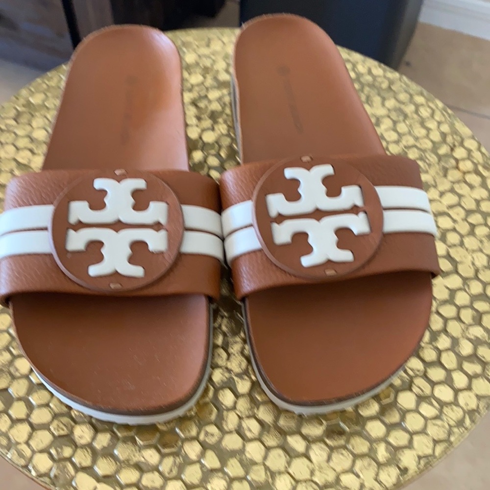 Tan and White Tory Burch Slides